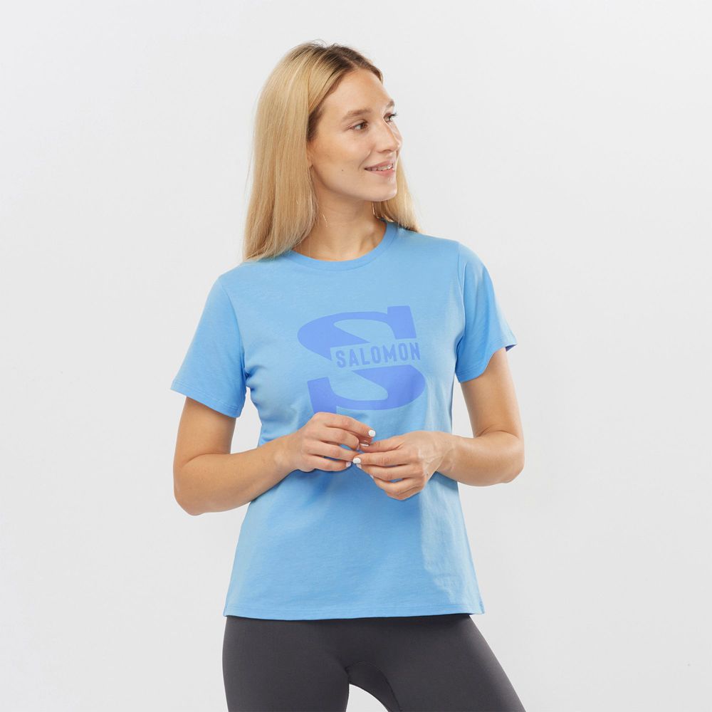 SALOMON OUTLIFE BIG LOGO Philippines - Women's Tee Shirts - Blue | 819257-DUB